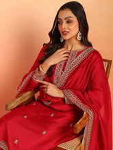 Women Red Silk Blend Solid Embroidered Straight Kurta Palazzo With Dupatta-PKSKD2399